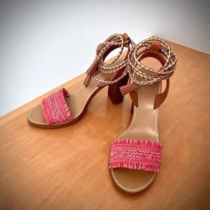 J. Crew Raffia Ankle-Tie Heeled Sandals in Red/Tan Leather 6.5M